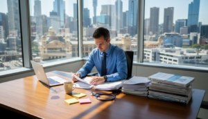 Doctor reviewing loan papers in Melbourne office