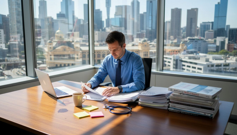 Doctor reviewing loan papers in Melbourne office
