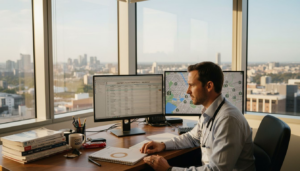 Doctor reviewing property finance in Melbourne office